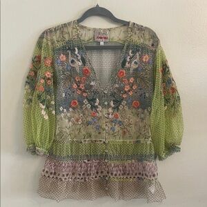 Johnny Was Multicolor Floral Embroidered 3/4 Sleeve Sheer V-Neck Blouse Large